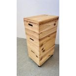 A PINE THREE SECTION STACKING STORAGE BOX.