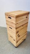 A PINE THREE SECTION STACKING STORAGE BOX.