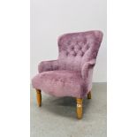 A MODERN LILAC UPHOLSTERED BUTTON BACK BEDROOM CHAIR.