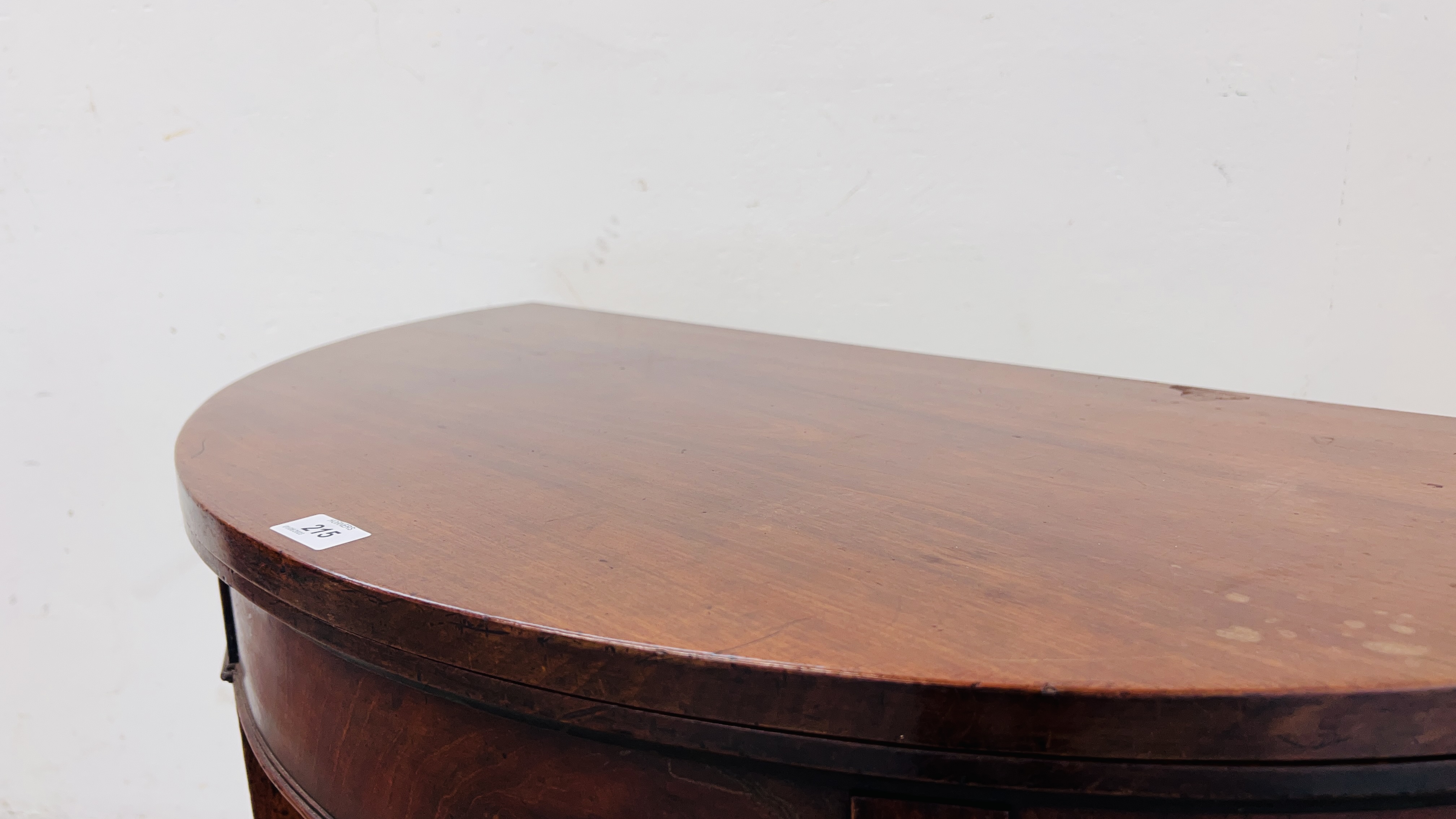 A MAHOGANY DEMI LUNE FOLDING TOP SIDE TABLE WITH GATELEG ACTION, ON SQUARE TAPERED LEG - WIDTH 92CM. - Image 8 of 11