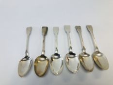 A MIXED GROUP OF SIX SILVER OLD ENGLISH PATTERN SERVING SPOONS HAVING DIFFERENT DATES AND MAKERS