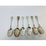 A MIXED GROUP OF SIX SILVER OLD ENGLISH PATTERN SERVING SPOONS HAVING DIFFERENT DATES AND MAKERS