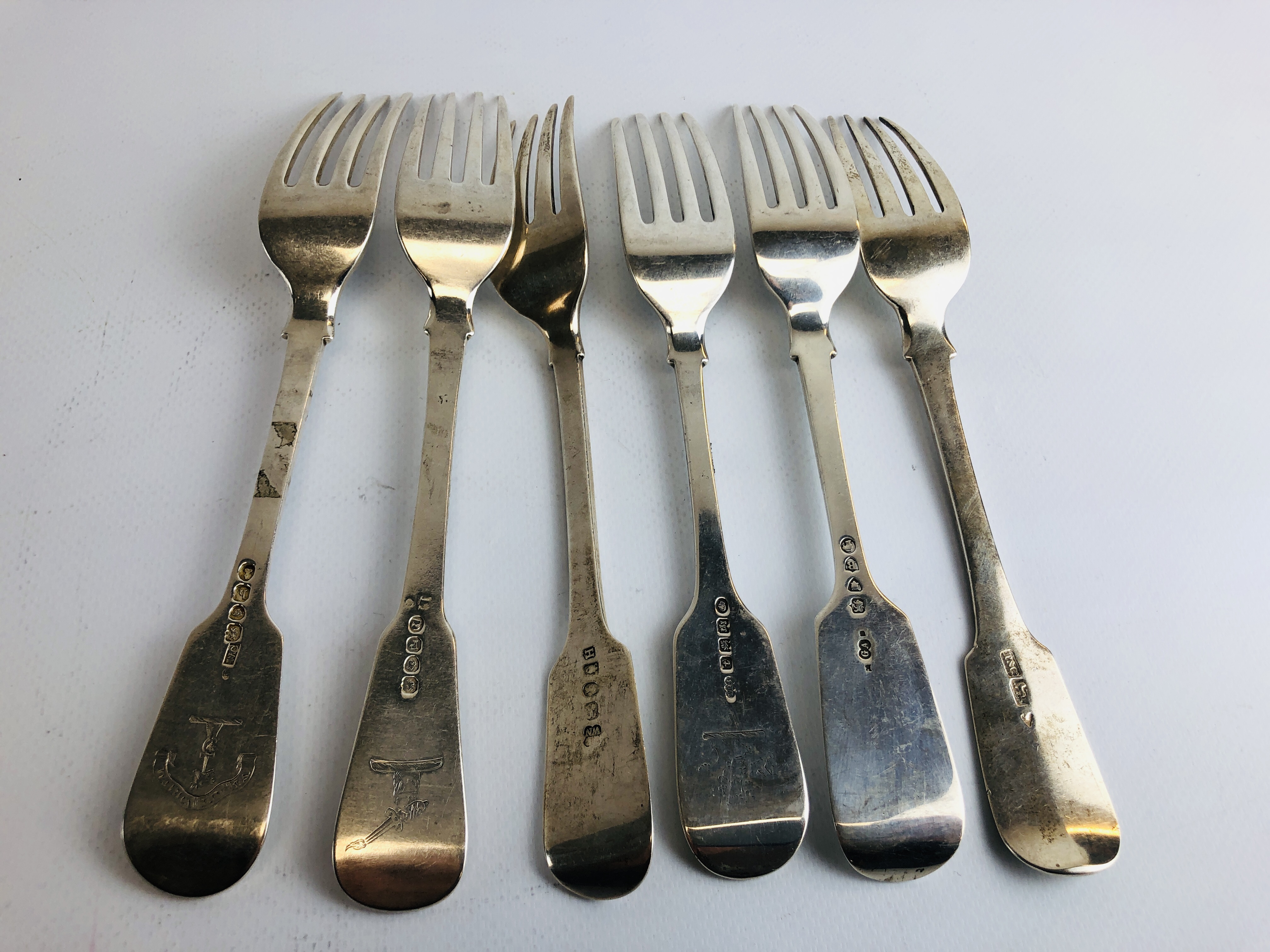 SIX SIMILAR SILVER FIDDLE PATTERN TABLE FORKS DIFFERENT DATES AND MAKERS, VICTORIAN AND EARLIER, - Image 7 of 13