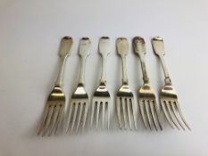 A GROUP OF SIX SILVER FIDDLE PATTERN DESSERT FORKS ALL C19th LONDON ASSAY HAVING DIFFERENT DATES