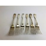 A GROUP OF SIX SILVER FIDDLE PATTERN DESSERT FORKS ALL C19th LONDON ASSAY HAVING DIFFERENT DATES