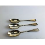 3 X SMALL SILVER OLD ENGLISH PATTERN SPOONS PROBABLY LONDON 1732 ALL ENGRAVED WITH CREST, L 16.5CM.