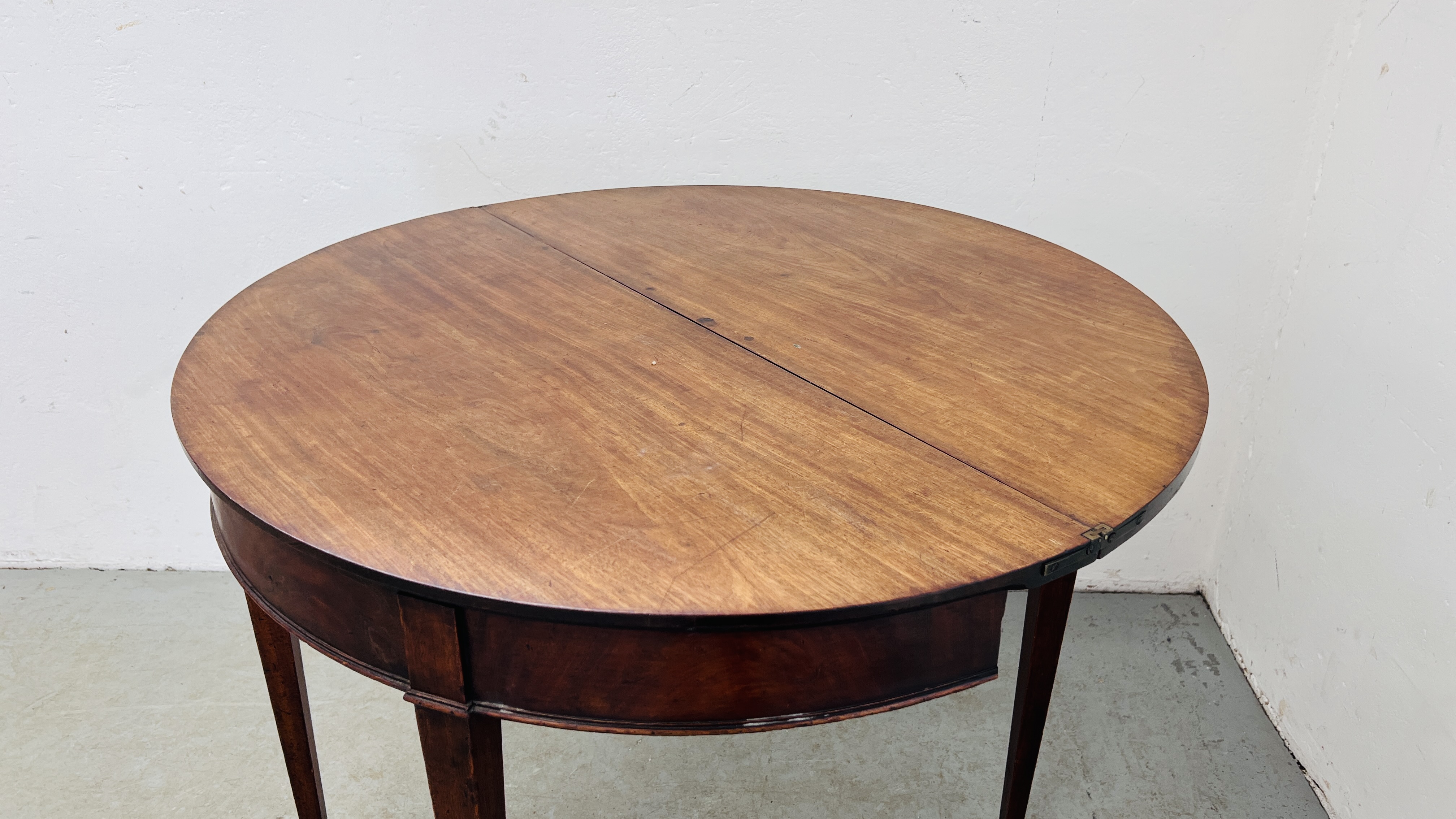 A MAHOGANY DEMI LUNE FOLDING TOP SIDE TABLE WITH GATELEG ACTION, ON SQUARE TAPERED LEG - WIDTH 92CM. - Image 10 of 11