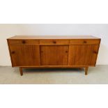 A TEAK FINISH THREE DRAWER SIDEBOARD WITH THREE DOOR SLIDING CUPBOARD BASE,