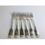 A MIXED GROUP OF SIX SILVER C19th DESSERT FORKS HAVING DIFFERENT DATES AND MAKERS,