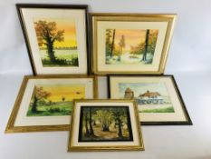 A GROUP OF 5 ORIGINAL FRAMED WATERCOLOURS, MAINLY LOCAL WOODLAND SCENES BEARING SIGNATURE "LORENZO".