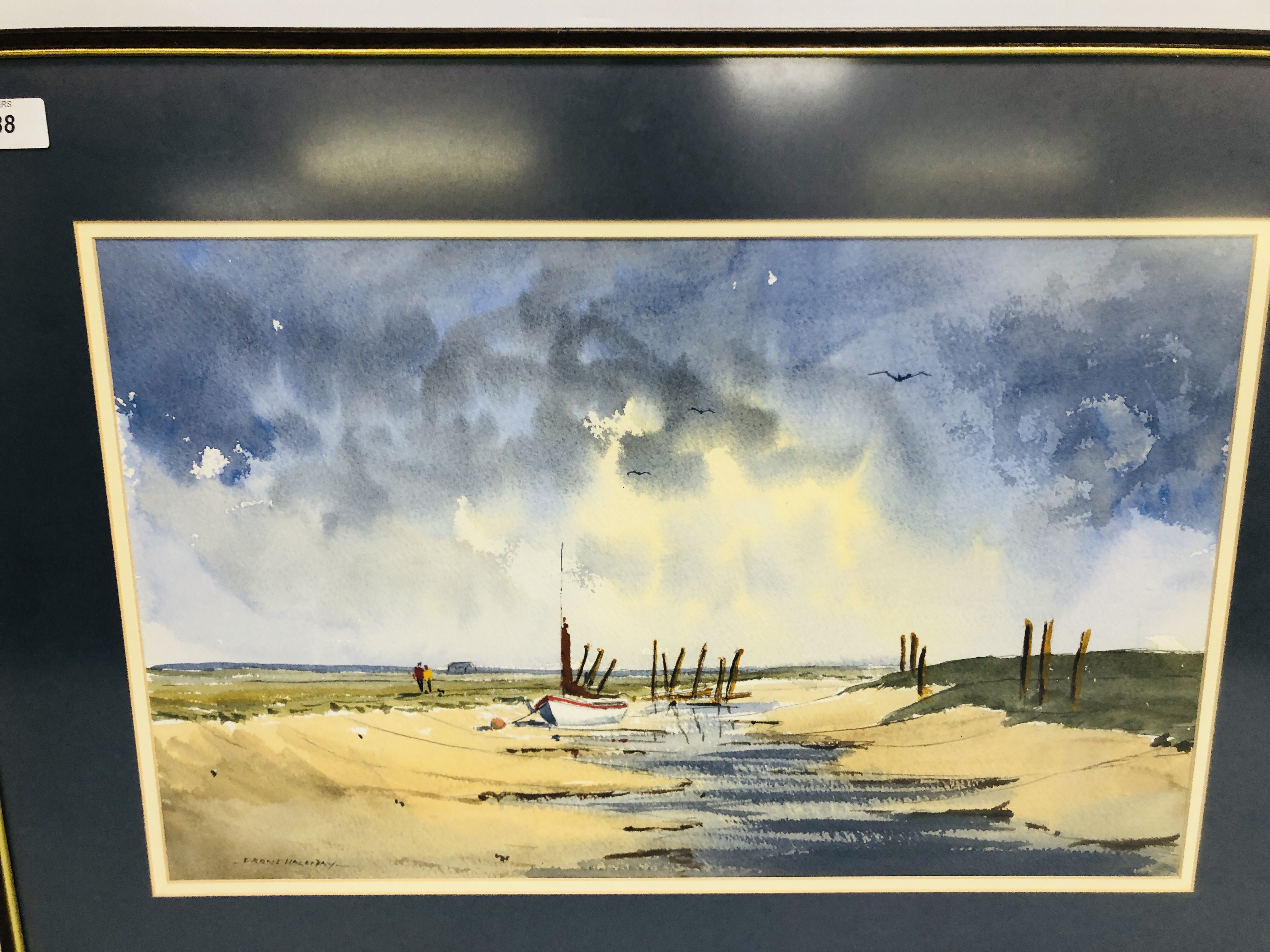 ORIGINAL FRANK HALLIDAY WATERCOLOUR SALT MARSH SCENE, 33 X 53.5CM. - Image 2 of 3