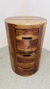 A CYLINDRICAL INDONESIAN HARDWOOD THREE DRAWER CHEST DIA. 43CM. HEIGHT. 65CM.