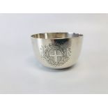 A WHITE METAL CIRCULAR CUP ENGRAVED WITH AN ARMORIAL, RUBBED MARKS PROBABLY C18th, DIAMETER 8.