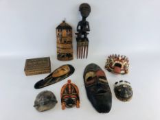 A BOX OF ETHNIC AND TRIBAL CARVINGS TO INCLUDE FACE MASKS.