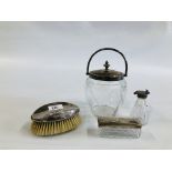 A VINTAGE SILVER TOPPED BISCUIT BARREL BIRMINGHAM ASSAY, SILVER TOPPED TRINKET BOX,