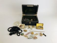 BOX ASSORTED COSTUME JEWELLERY INCLUDING SILVER PIECES.