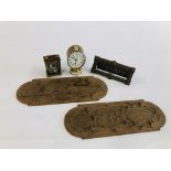 A VINTAGE BRASS LETTER BOX, TWO CLOCKS TO INCLUDE A CARRIAGE EXAMPLE,