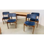 A SET OF FOUR TEAK MID CENTURY DESIGNER DOMUS DANCIA DANISH DINING CHAIRS ACCOMPANIED WITH A MID