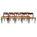 A SET OF TEN VINTAGE MID CENTURY NIELS MOLLER BY J L MOLLER MODEL 71 ROSEWOOD DINING CHAIRS WITH