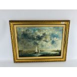 AN ORIGINAL GILT FRAMED OIL ON BOARD DEPICTING "THURNE" NORFOLK BROADS SCENE BEARING SIGNATURE