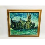 AN OIL ON CANVAS OF CHURCH SCENE SIGNED MAN 93 - 74.5CM X 62CM.