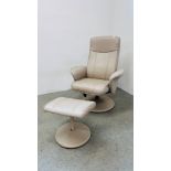 A CREAM FAUX LEATHER RELAXER CHAIR WITH FOOT STOOL BY RELAX AT EEZE.
