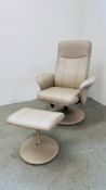 A CREAM FAUX LEATHER RELAXER CHAIR WITH FOOT STOOL BY RELAX AT EEZE.