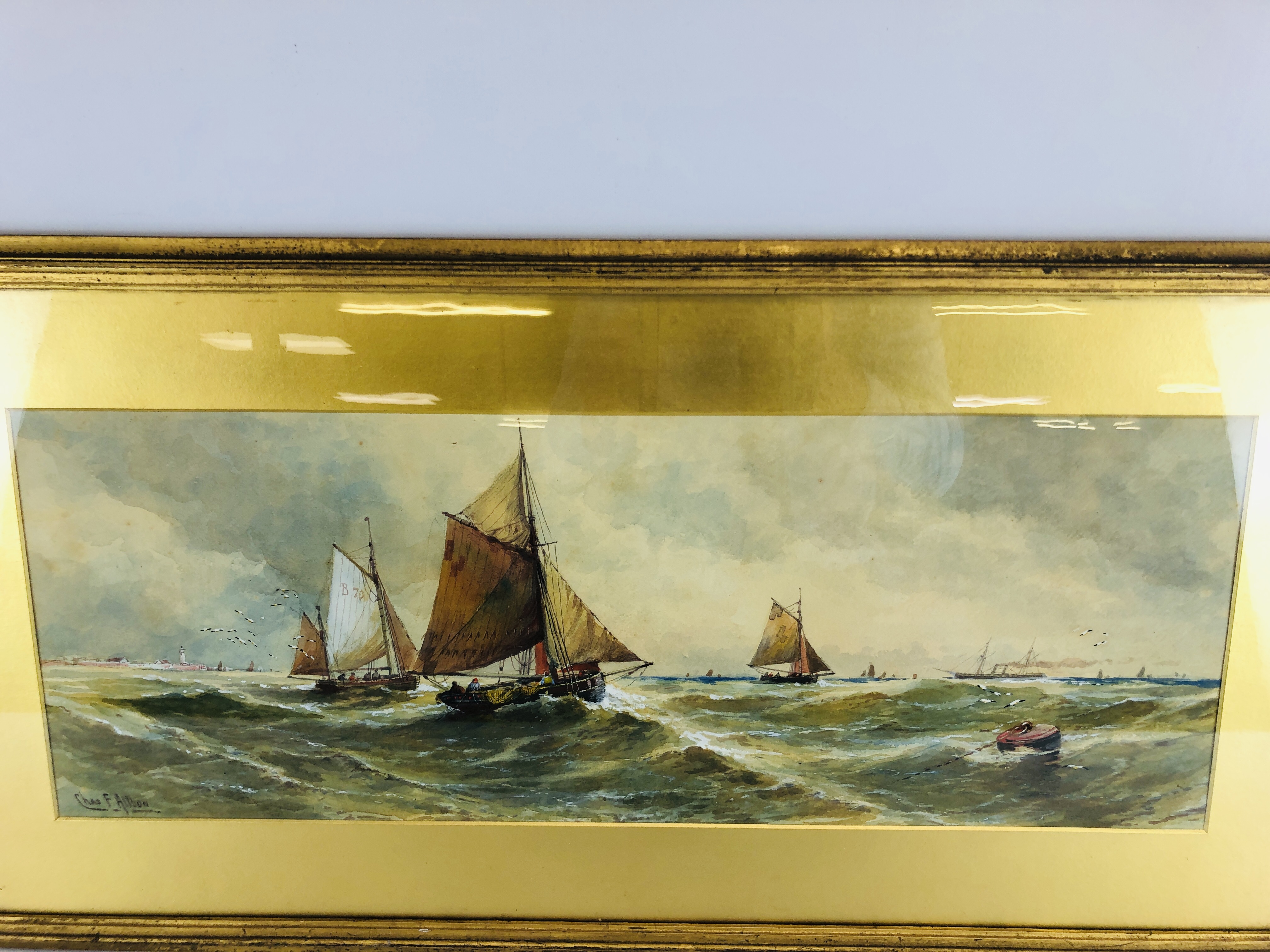 A CHAS. F. ALLBON FRAMED WATERCOLOUR DEPICTING SAILING BOATS OUT TO SEA. - Image 2 of 6