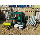 A THREE TIER GREEN PLASTIC PLANT STAND ALONG WITH COOPERS PLANT POT TROLLEY, METAL SACK BARROW,