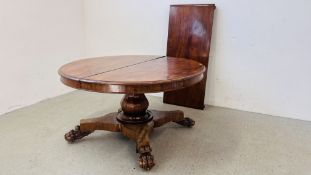 VICTORIAN LOO TABLE WITH CENTRAL EXTENSION LEAF ON IMPRESSIVE PEDESTAL BASE WITH CLAW FEET.