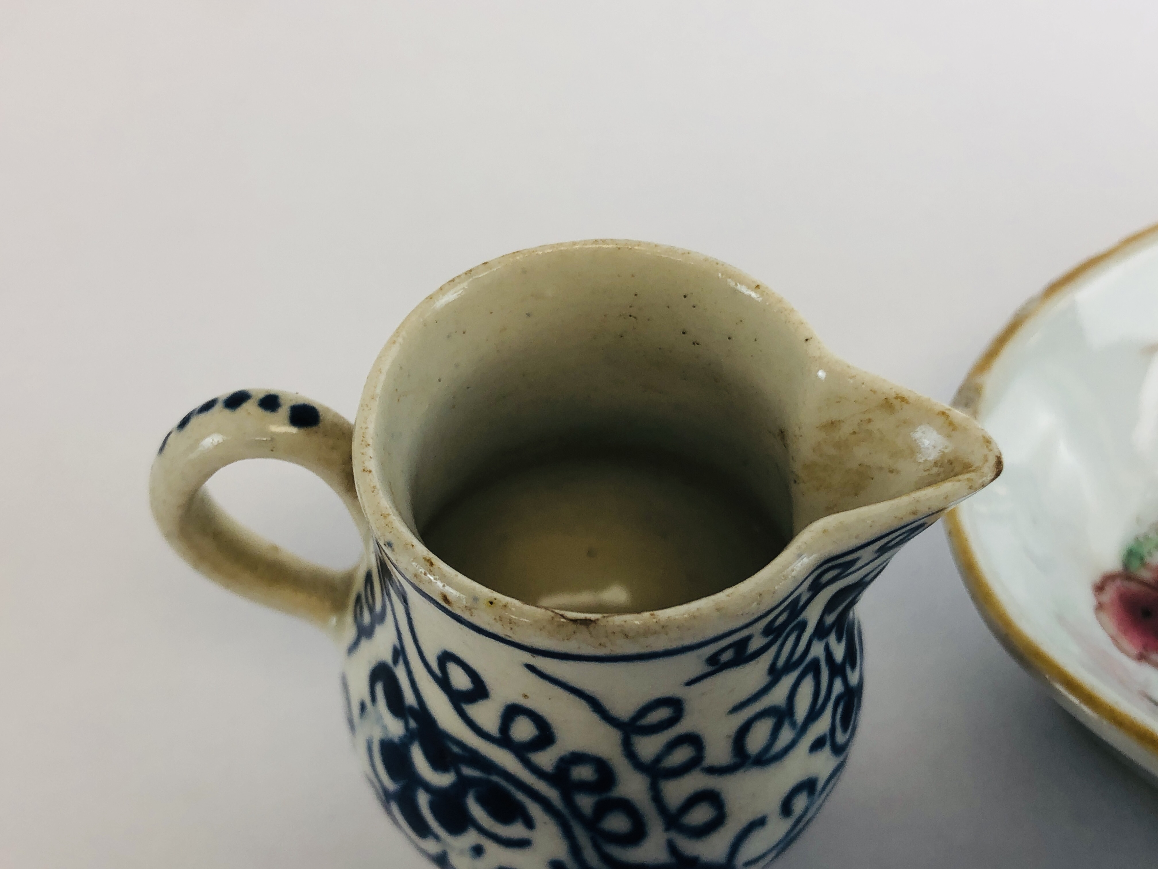 A BOW BLUE AND WHITE MINIATURE MILK JUG H 4CM ALONG WITH A CHINESE QIAN LONG OVAL SPOON TRAY L 13. - Image 7 of 11