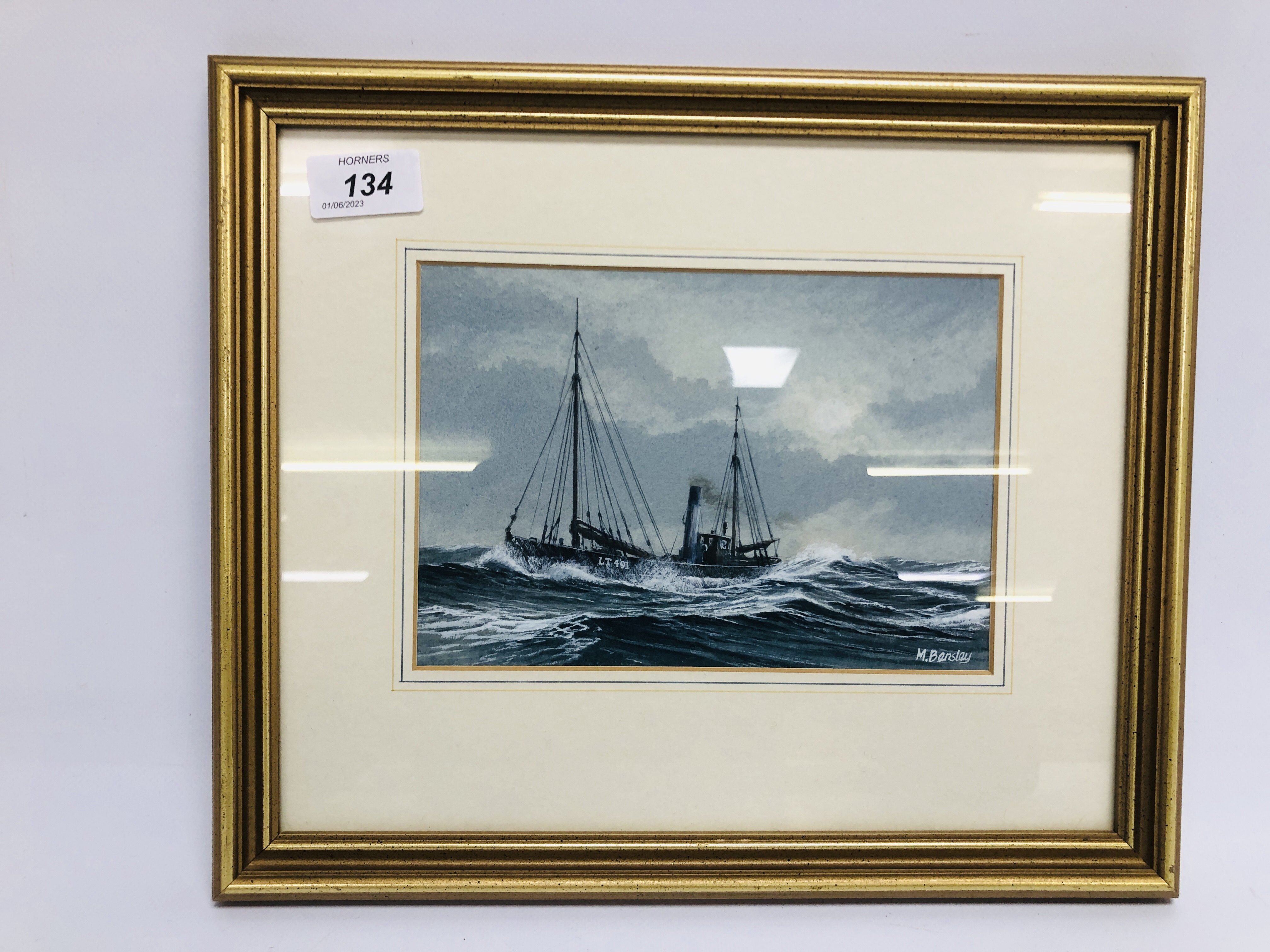 WATERCOLOUR "TRAWLER" WOODBINE BEARING SIGNATURE M BENSLEY HEIGHT 14CM. X 20.5CM.