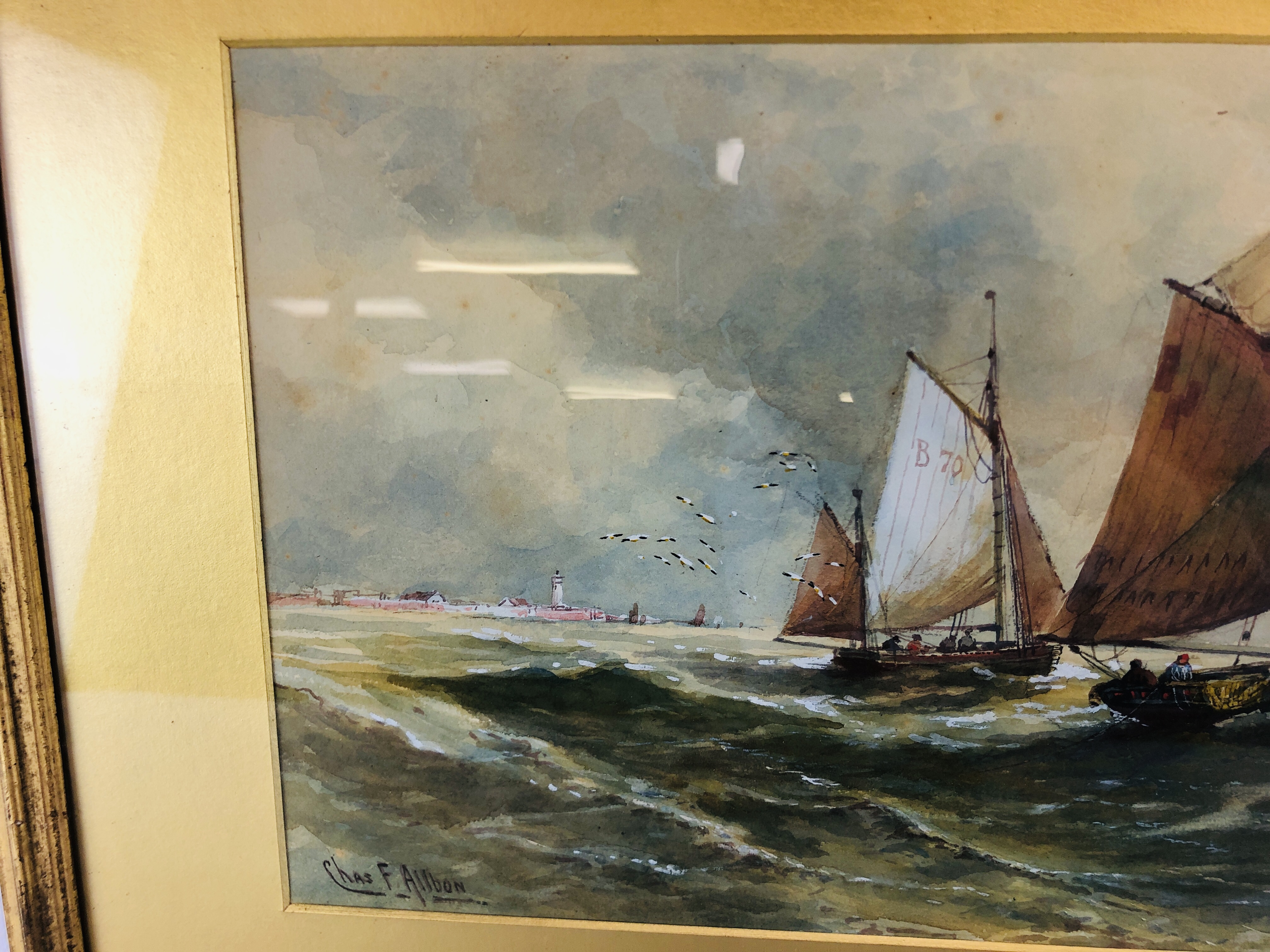 A CHAS. F. ALLBON FRAMED WATERCOLOUR DEPICTING SAILING BOATS OUT TO SEA. - Image 4 of 6
