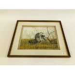 AN ORIGINAL WATERCOLOUR "RACOON" ON THE LOOKOUT BEARING SIGNATURE V.P. SHARPE - W 42CM X H 32CM.