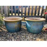 A PAIR OF BLUE GLAZED PLANT POTS, H 34CM X D 50CM.