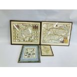 3 FRAMED AND MOUNTED MAPS TO INCLUDE KENT, HUNTINGDONSHIRE, SURREY AND NEEDLEWORK.