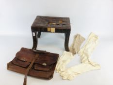 A VINTAGE BROWN LEATHER SATCHEL ALONG WITH A VINTAGE LATTICE WORK LEATHER TOP (A/F),