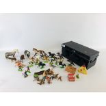 A VINTAGE METAL DEED BOX CONTAINING A COLLECTION OF BRITAINS COWBOY AND INDIANS FIGURES PLUS 4 X