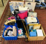 7 BOXES AND A BAG CONTAINING A QUANTITY OF SEWING AND NEEDLEWORK ACCESSORIES, FABRIC,