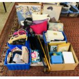 7 BOXES AND A BAG CONTAINING A QUANTITY OF SEWING AND NEEDLEWORK ACCESSORIES, FABRIC,