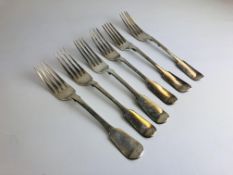 A MATCHED GROUP OF SIX SILVER TABLE FORKS ALL FIDDLE PATTERN INCLUDING A PAIR LONDON 1832 MAKER W.T.