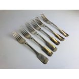 A MATCHED GROUP OF SIX SILVER TABLE FORKS ALL FIDDLE PATTERN INCLUDING A PAIR LONDON 1832 MAKER W.T.