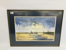 ORIGINAL FRANK HALLIDAY WATERCOLOUR SALT MARSH SCENE, 33 X 53.5CM.