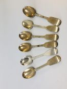 A MIXED GROUP OF SIX SILVER FIDDLE PATTERN DESSERT SPOONS ALL LONDON ASSAY,