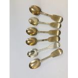A MIXED GROUP OF SIX SILVER FIDDLE PATTERN DESSERT SPOONS ALL LONDON ASSAY,