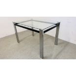 DESIGNER CHROME FRAMED GLASS TOP DINING TABLE - W 80CM. L 120CM X H 75CM.