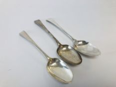 3 X VARIOUS SILVER OLD ENGLISH PATTERN SERVING SPOONS, ONE BRIGHT CUT LATE C18th,