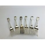 SIX SIMILAR MAINLY EARLY C19th DESSERT FORKS ALL FIDDLE PATTERN LONDON ASSAY, L 16CM.