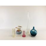 A GROUP OF ART GLASS VASES TO INCLUDE HAND DECORATED AND BLOWN EXAMPLES ALONG WITH A WHITEFRYERS