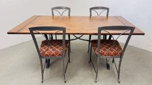 A MODERN METAL CRAFT AND PINE DINING SET COMPRISING OF PINE TOP DINING TABLE 189CM X 91CM AND FOUR
